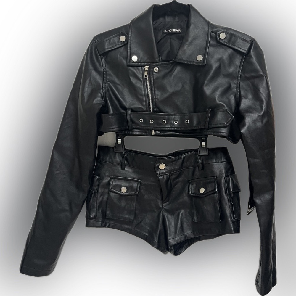 Fashion Nova Women's Black Faux Leather Moto Jacket with matching shorts